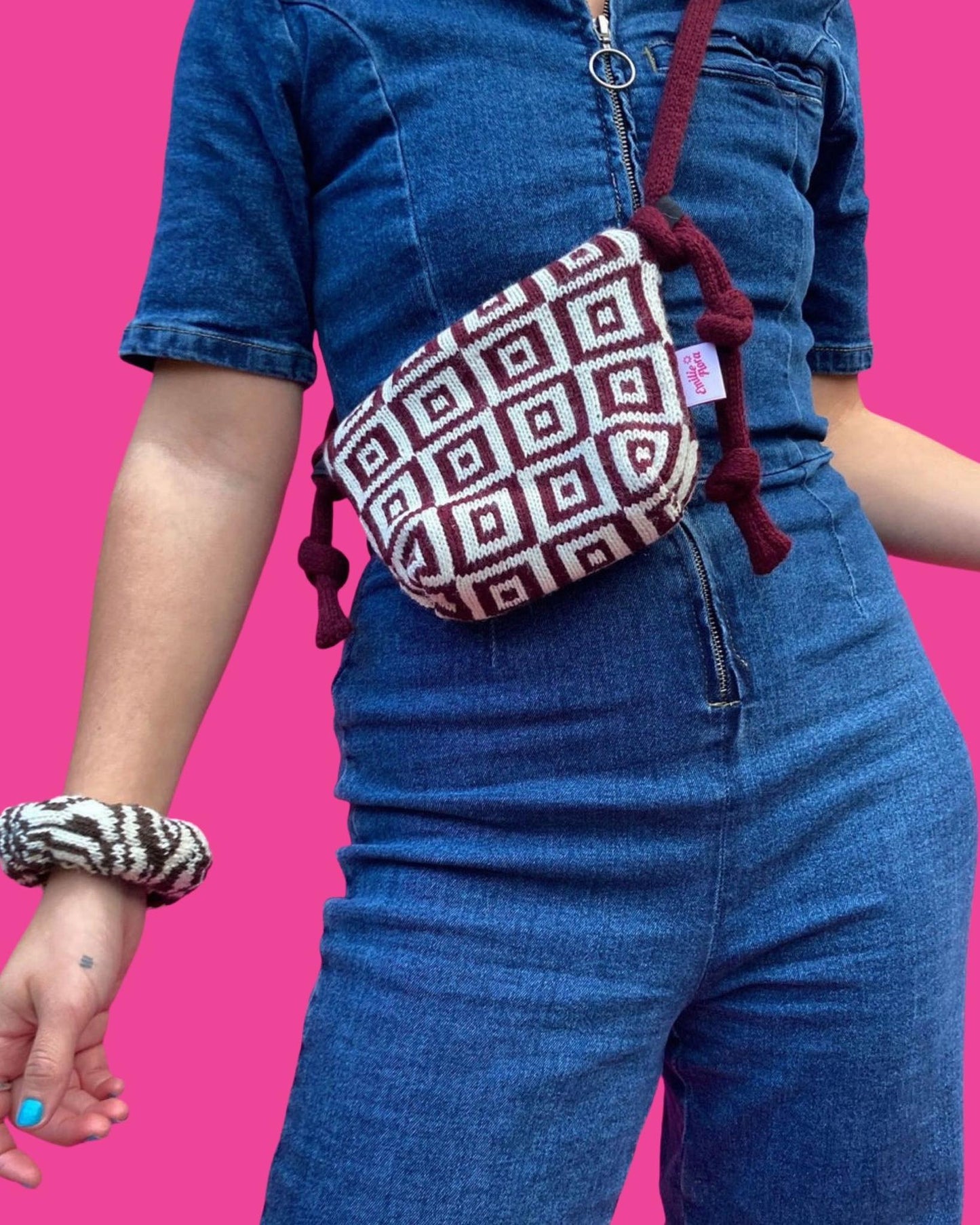 Cross Body Pouch - Optical - Burgundy and Cream