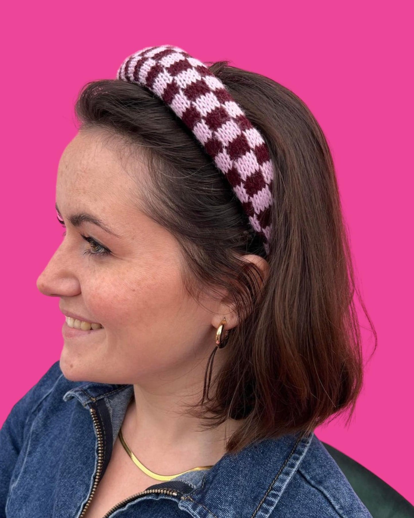Headband - Check, Burgundy and Pale Lilac - READY TO SHIP