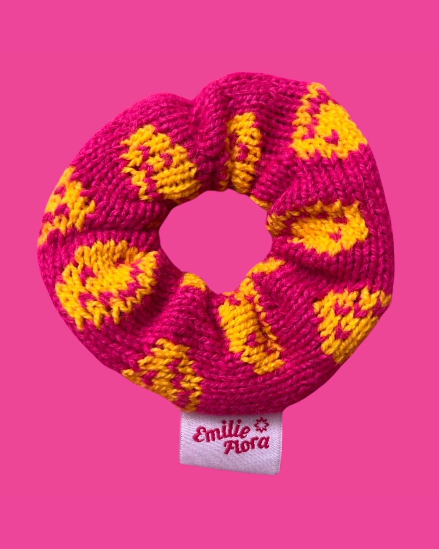 Scrunchie - Happy Face, Hot Pink and Yellow - READY TO SHIP