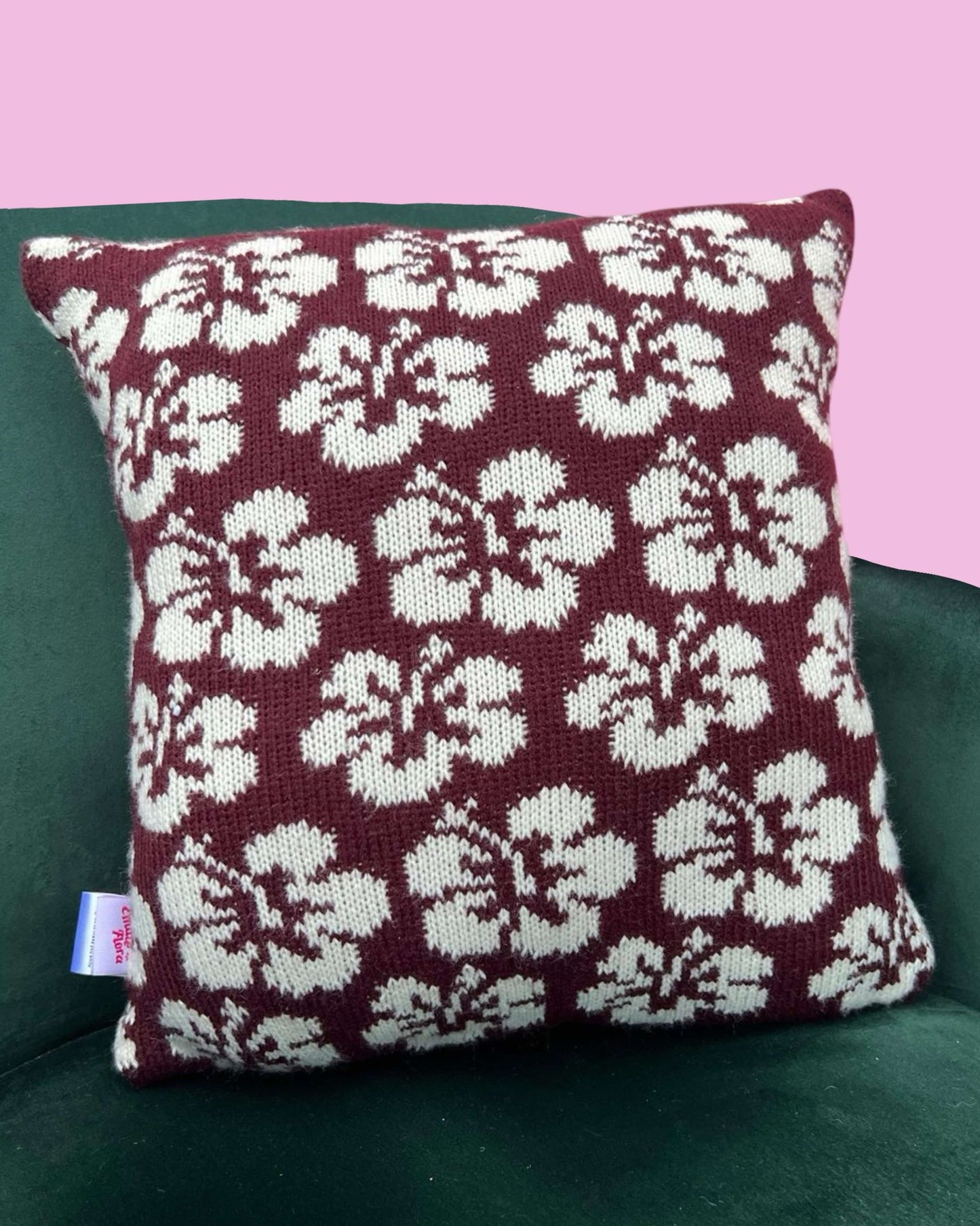 Medium Cushion - Hibiscus - Burgundy and Cream